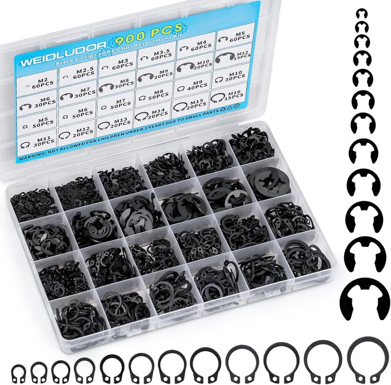 WEIDLUDOR 900PCS Carbon Steel Retaining Rings Set - 24 Sizes C Clips & E Clips Assortment Kit for Auto Parts Repair, Machinery Maintenance and Industrial Equipment - Image 1